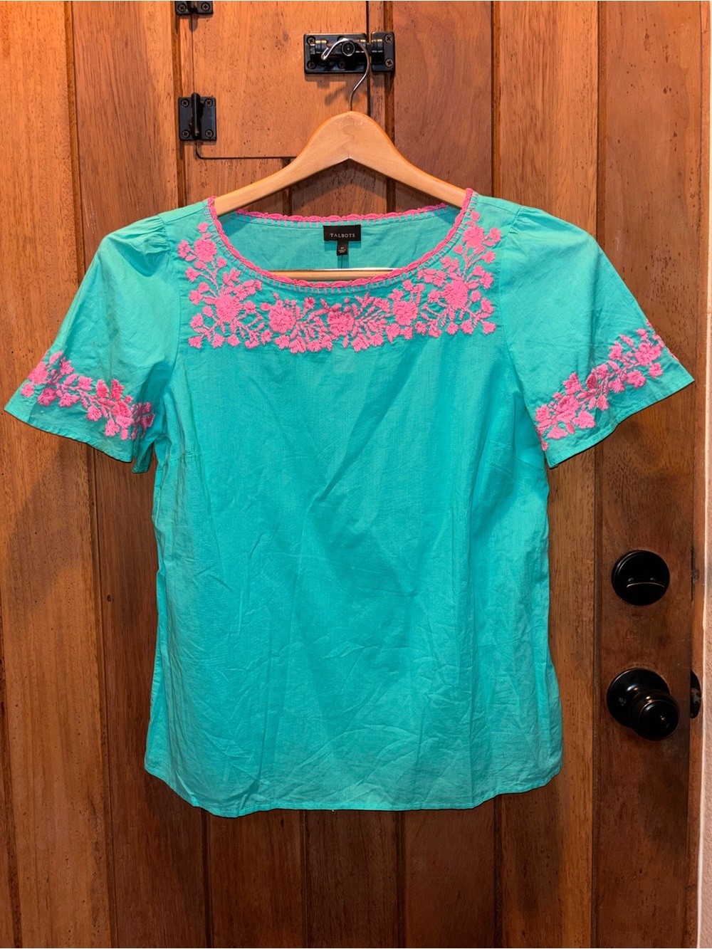 Talbots Turquoise Blouse with Pink Floral Embroidery